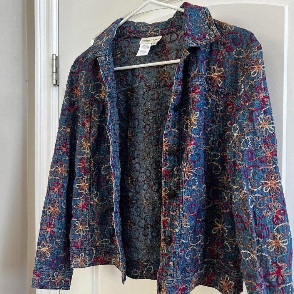Vintage Coldwater Creek Embroidered Floral Jean Jacket Size Petite Small